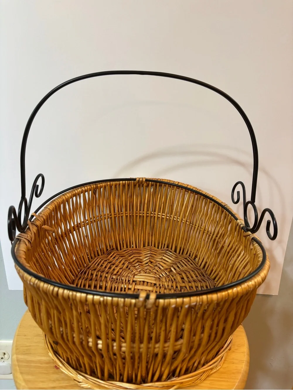Natural Brown Wicker Basket with Black Metal Handle